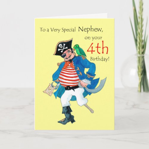 Fun Pirate 4th Birthday Card for Nephew on Yellow