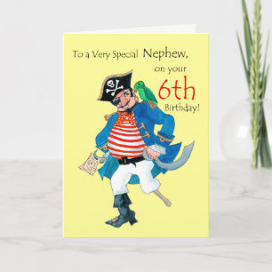 Fun Pirate 6th Birthday Card for Nephew on Yellow