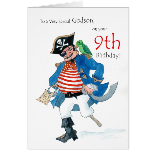 Fun Pirate 9th Birthday Card for Godson (Front)