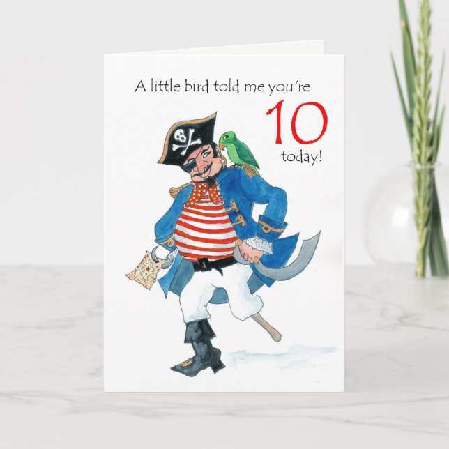 Fun Pirate and Parrot 10th Birthday Card (Front)