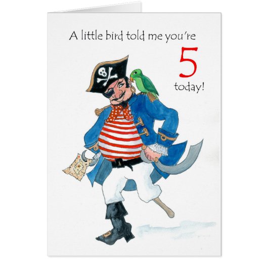 Fun Pirate and Parrot 5th Birthday Cards (Front)
