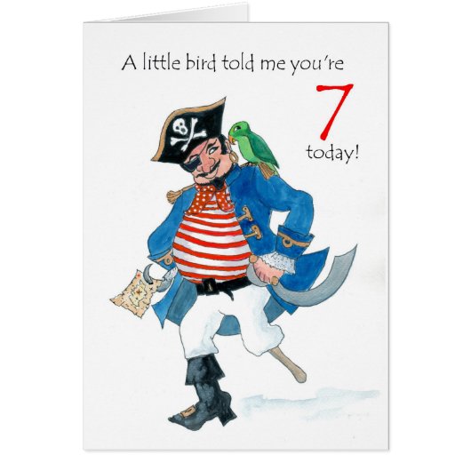 Fun Pirate and Parrot 7th Birthday Cards (Front)