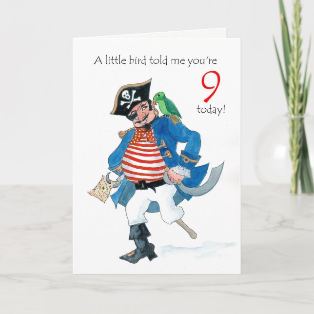 Fun Pirate and Parrot 9th Birthday Card (Front)