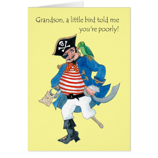 Fun Pirate and Parrot Get Well for Grandson Cards (Front)