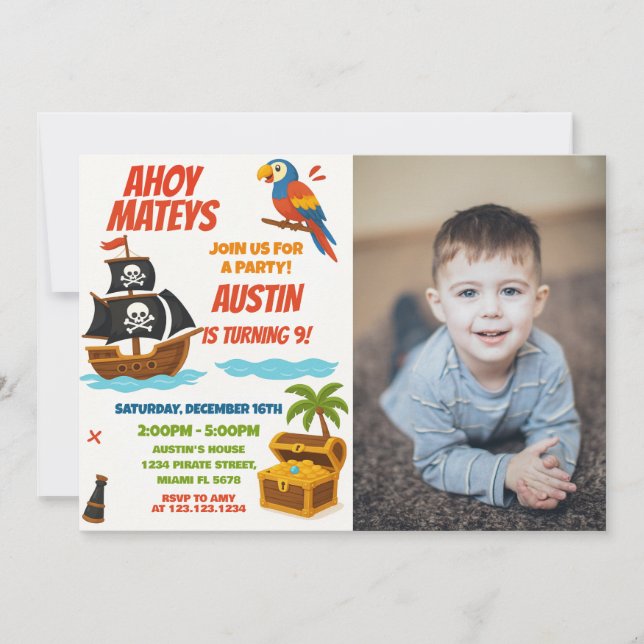 Fun Pirate Birthday Invitation with photo (Front)
