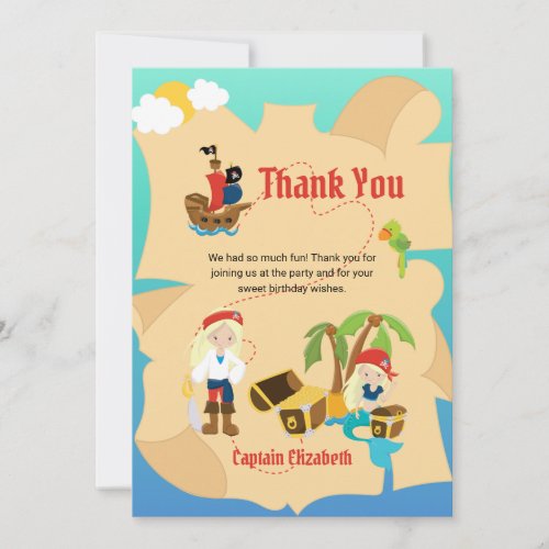 Fun Pirate Girl Mermaid Treasure Map Custom Thank You Card