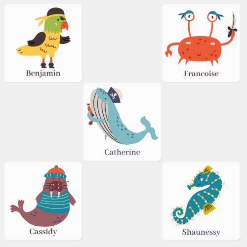 Fun pirate parrot crab whale seahorse otter kids labels