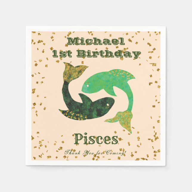 Fun Pisces First Birthday & Gold Confetti Napkins (Front)