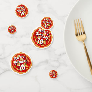 Fun pizza Birthday party table decor confetti