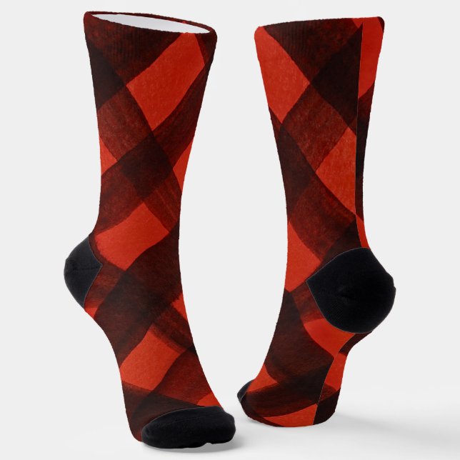 Fun Plaid Gingham Merry Christmas Holiday Crew Socks (Angled)