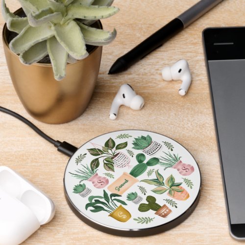 Fun Plant Lovers Potted Plants Name  Monogram Wireless Charger