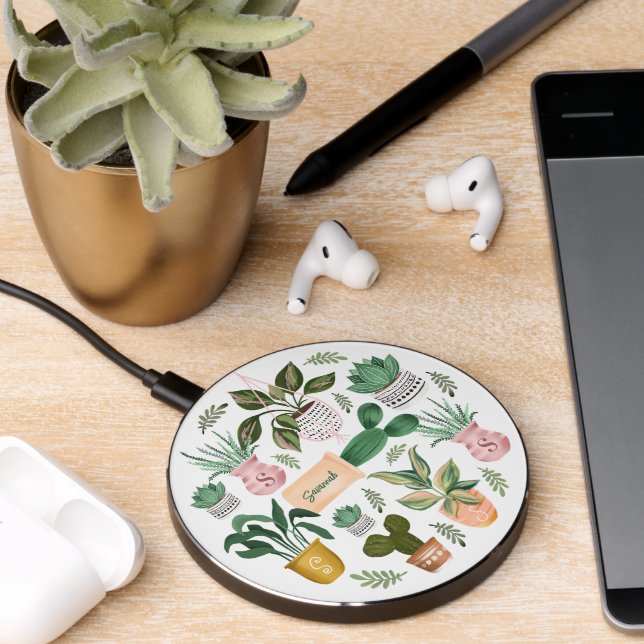 Fun Plant Lovers Potted Plants Name & Monogram Wireless Charger (Desk 2)