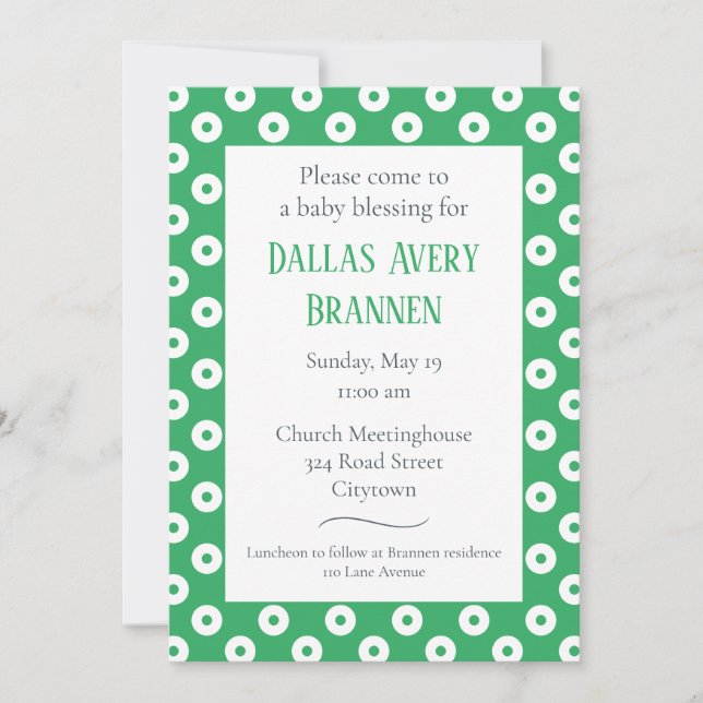 Fun & Playful Green Polka-Dot Baby Blessing Invitation (Front)