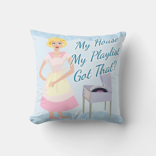 Fun Playlist Music Lover Kitsch Cartoon Housewife Throw Pillow (Front)