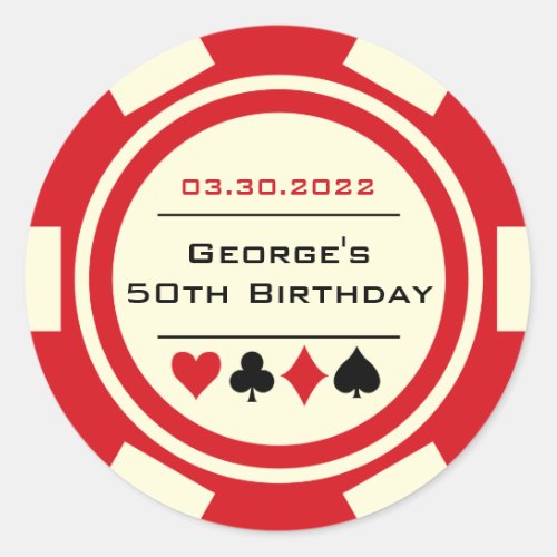 Fun Poker Chip Birthday Red Off_White Classic Round Sticker