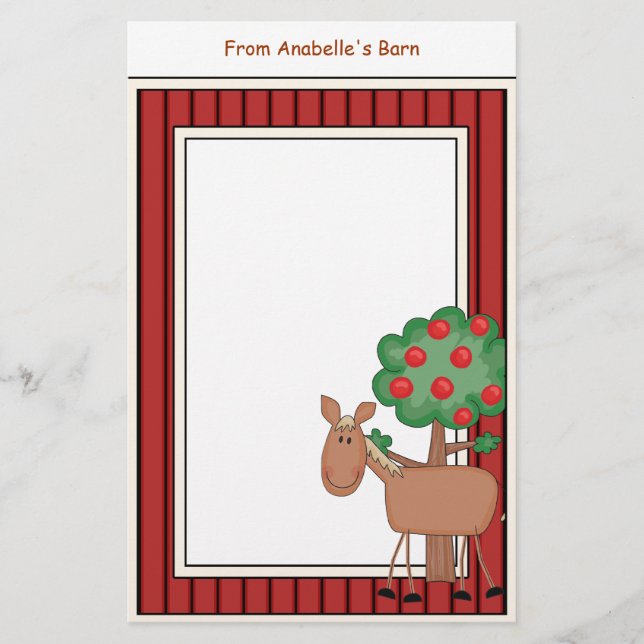 Fun Pony Apple Tree Barn Frame Kids Writing Paper (Front)