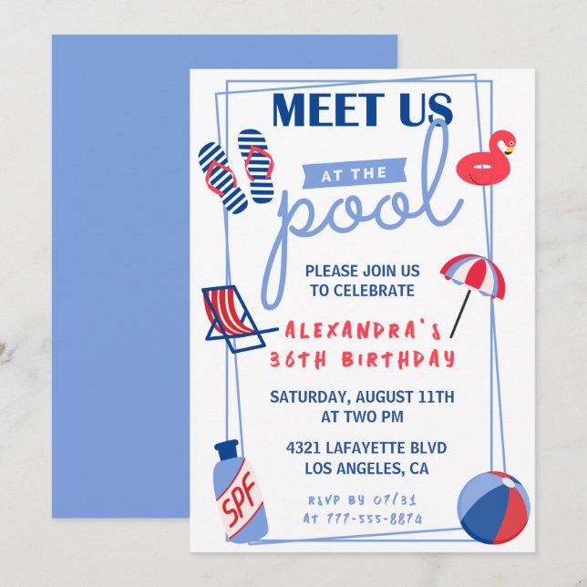 Fun Pool Party 36th birthday invitations  Summer (Front/Back)