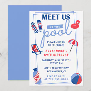 Fun Pool Party 89th birthday invitations Summer