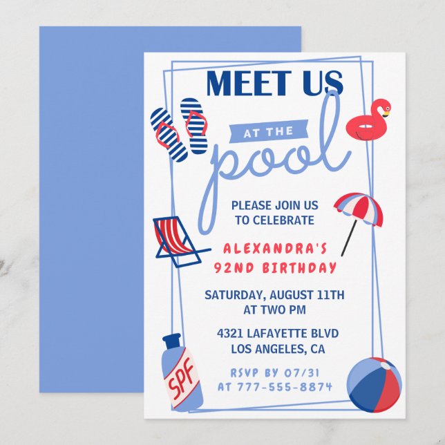 Fun Pool Party 92nd birthday invitations  Summer (Front/Back)