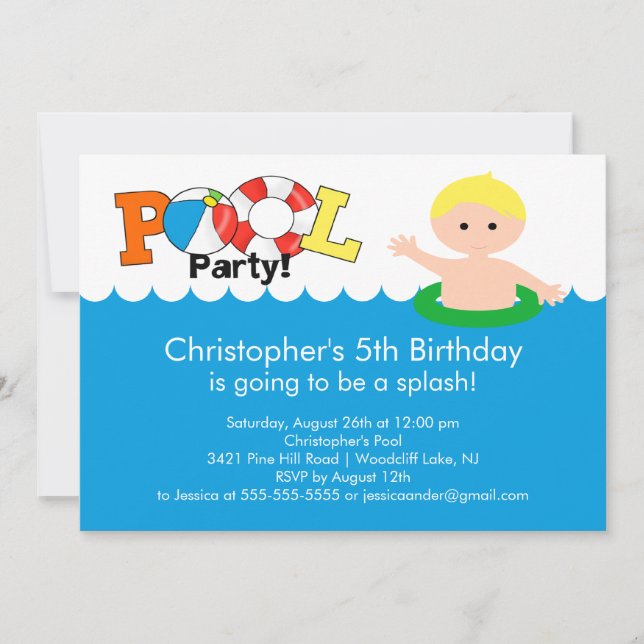Fun Pool Party Birthday Invitation Blonde Boy (Front)