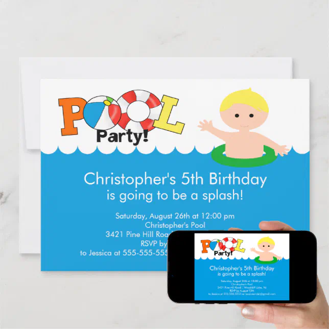 Fun Pool Party Birthday Invitation Blonde Boy | Zazzle