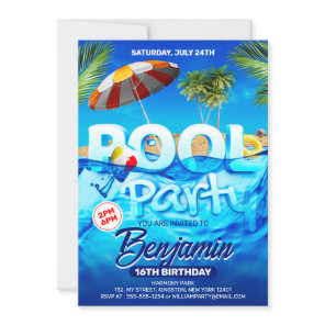 Fun Pool Party Bright Tropical Swimming Birthday Invitation