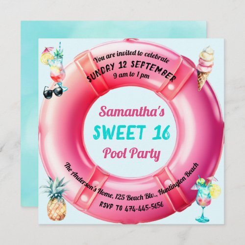 Fun Pool Party Cocktails Pineapple Sweet 16 Cute  Invitation