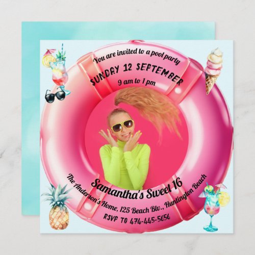 Fun Pool Party Cocktails Pineapple Sweet 16 Photo Invitation