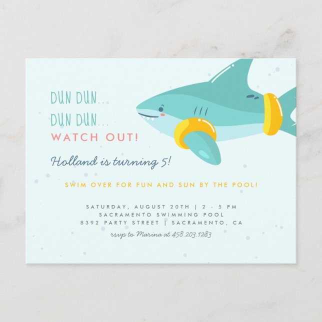 Fun Pool Party Shark Arm Bands Kids Birthday Invitation Postcard (Front)