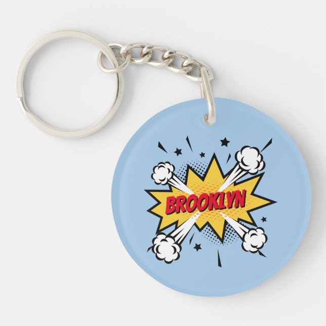 Fun pop art comic book style callout logo keychain (Front)