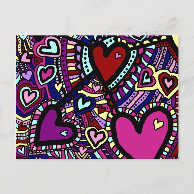 Fun Postcard, Psychedelic Trippy Hearts, Colorful Postcard (Front)