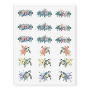 Fun Pretty Chic Watercolor Floral Sea Turtles Temporary Tattoos