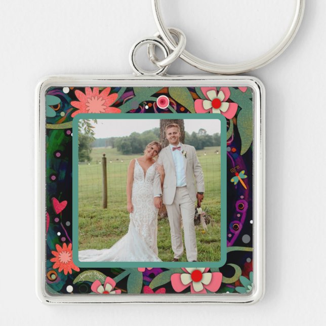 Fun Pretty Floral Dragonfly Photo Inspirivity  Keychain (Front)