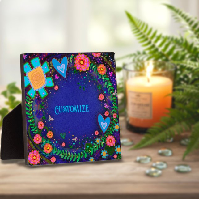 Fun Pretty Floral Heart Blue ONE WORD Custom  Plaque (Creator Uploaded)