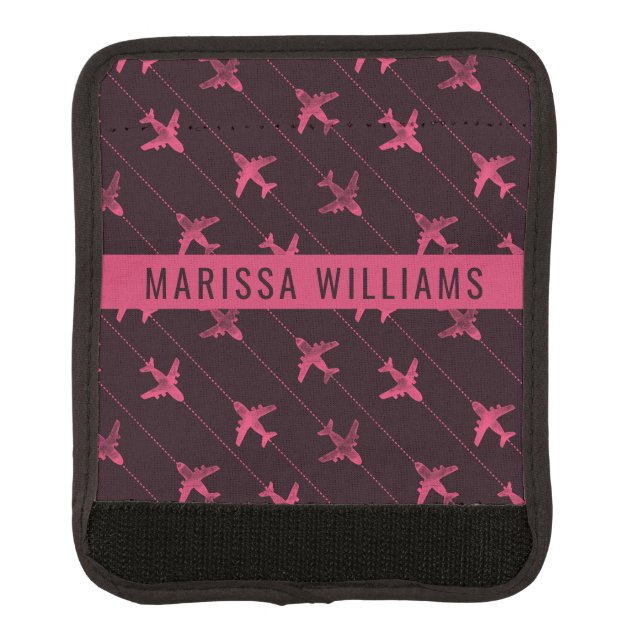 Fun Pretty Pink Black Plane Travel   Luggage Handle Wrap (Front)