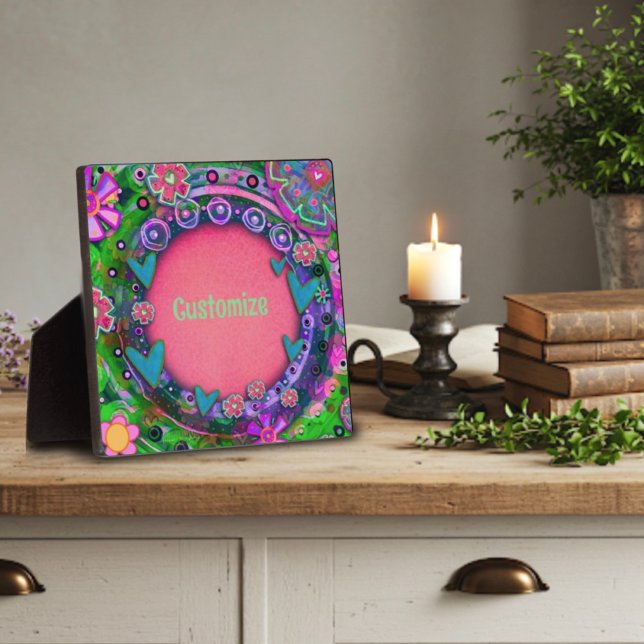 Fun Pretty Pink Floral Heart Whimsical Custom  Plaque (Creator Uploaded)