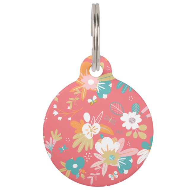 Fun pretty scandi flowers pet ID tag (Front)
