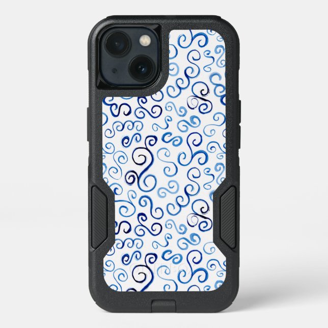 Fun Prussian Blue Watercolor Curves Otterbox iPhone Case (Back)