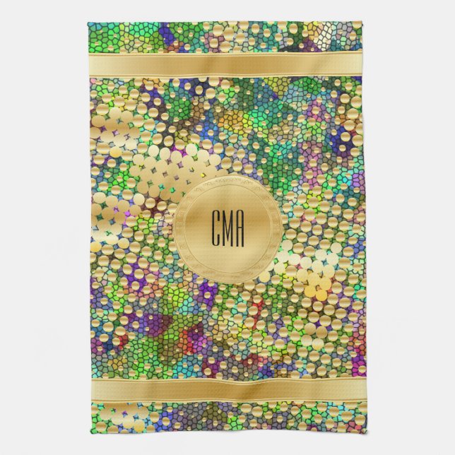 Fun Psychedelic with a Splatter of Gold Dots Kitchen Towel (Vertical)