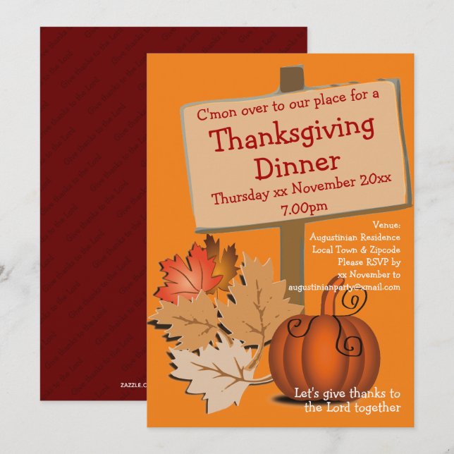 Fun Pumpkin Autumn Leaves THANKSGIVING DINNER Invitation (Front/Back)