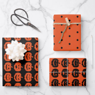 Fun Pumpkin Pattern Orange and Black Halloween Wrapping Paper Sheets