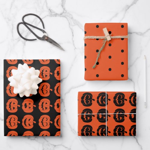 Fun Pumpkin Pattern Orange and Black Halloween Wrapping Paper Sheets