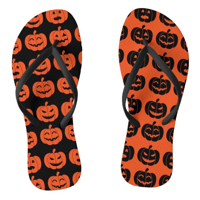 Fun Pumpkin Pattern Orange and Black Odd Halloween Flip Flops (Footbed)