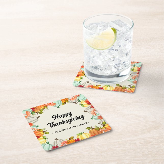 Fun Pumpkin Thanksgiving Dinner Square Paper Coaster (Insitu)