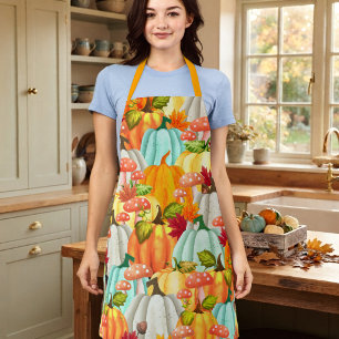Fun Pumpkins Mushrooms And Fall Leaves Apron