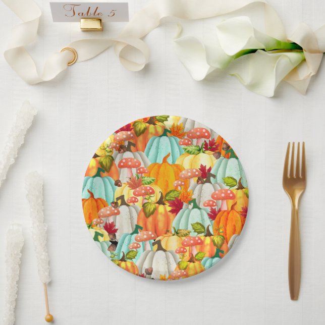 Fun Pumpkins Mushrooms And Fall Leaves Paper Plates (Wedding)