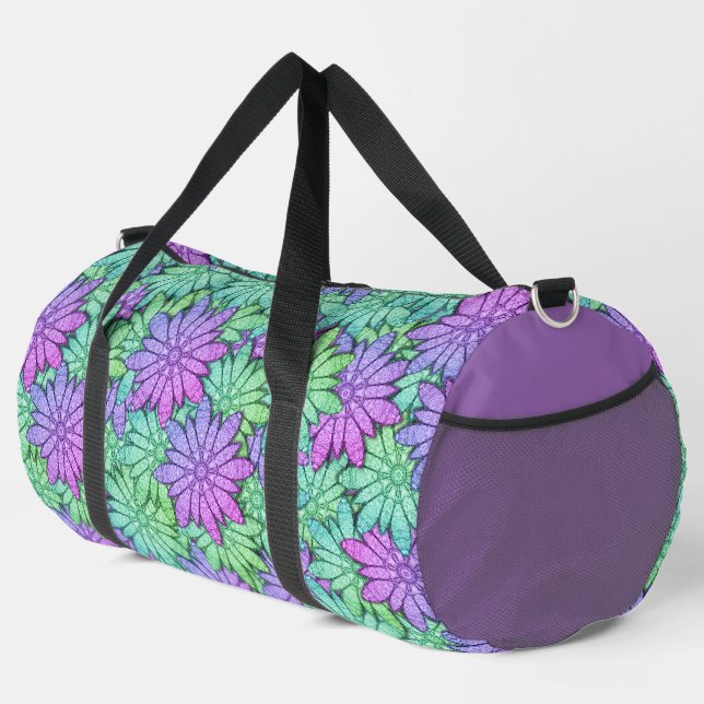 Fun Purple and Green Flowers Duffle Bag (Right Corner)