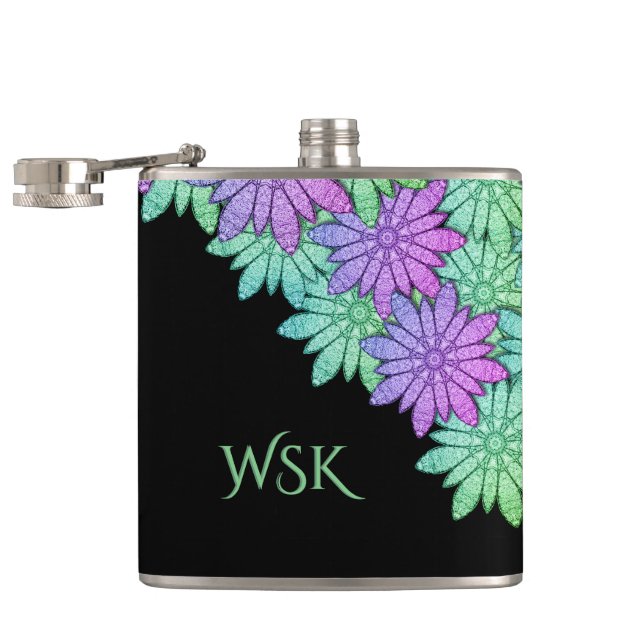 Fun Purple and Green Flowers Monogram Flask (Opened)
