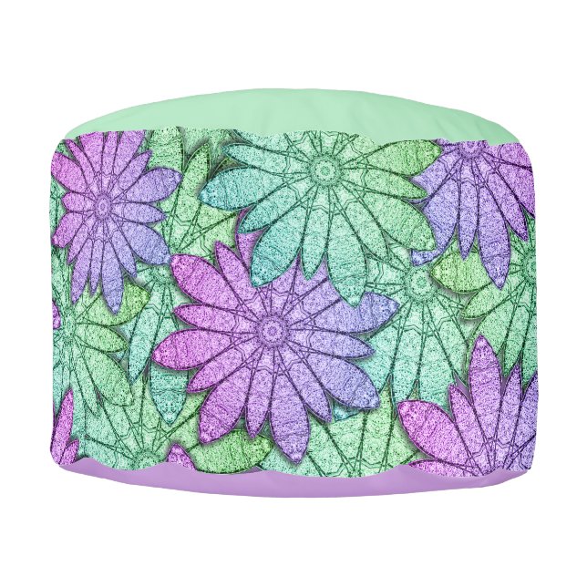 Fun Purple and Green Flowers Pouf (Front)