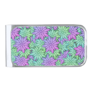 Fun Purple and Green Flowers Silver Finish Money Clip